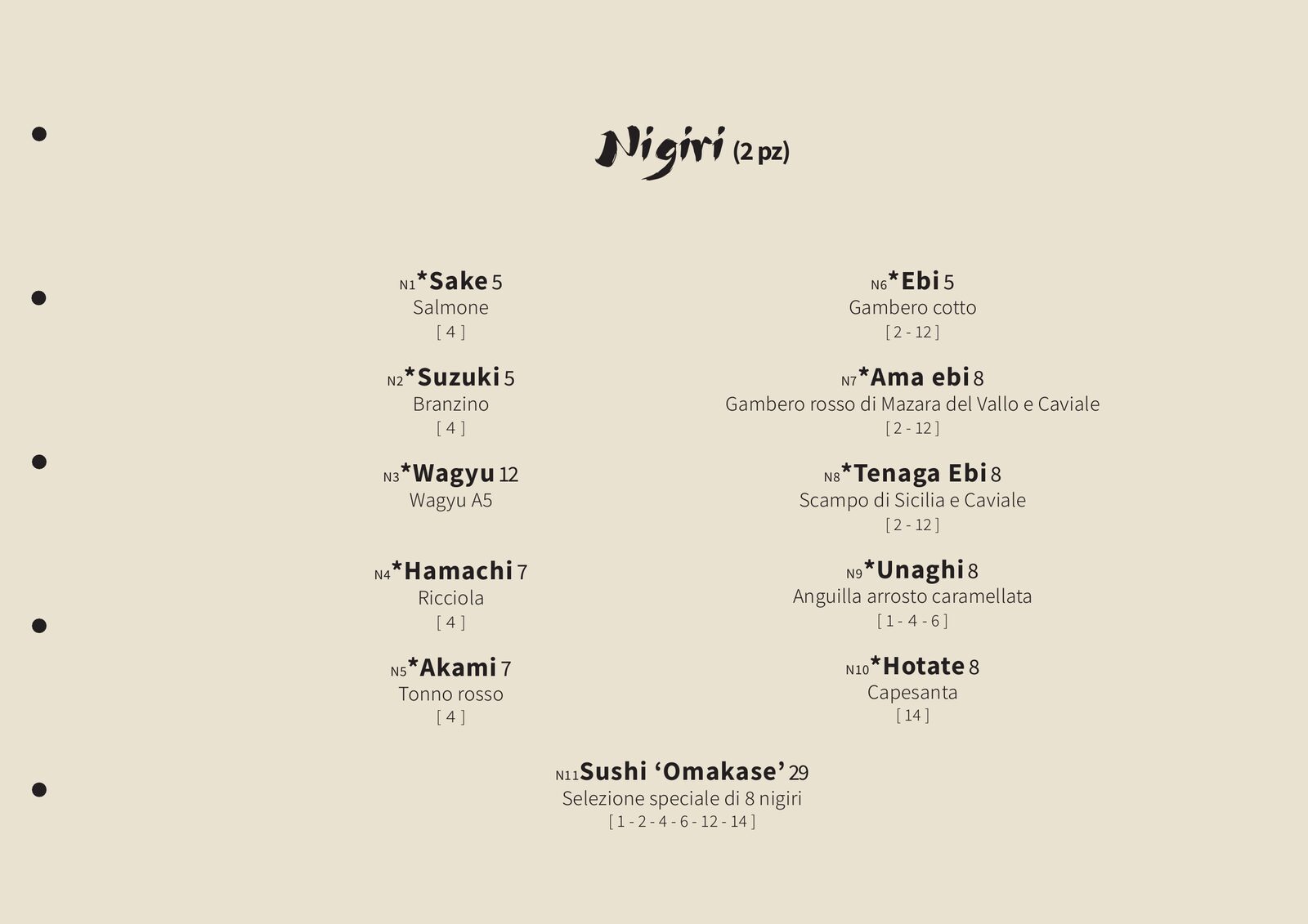 Nami — pagina menu: Nigiri