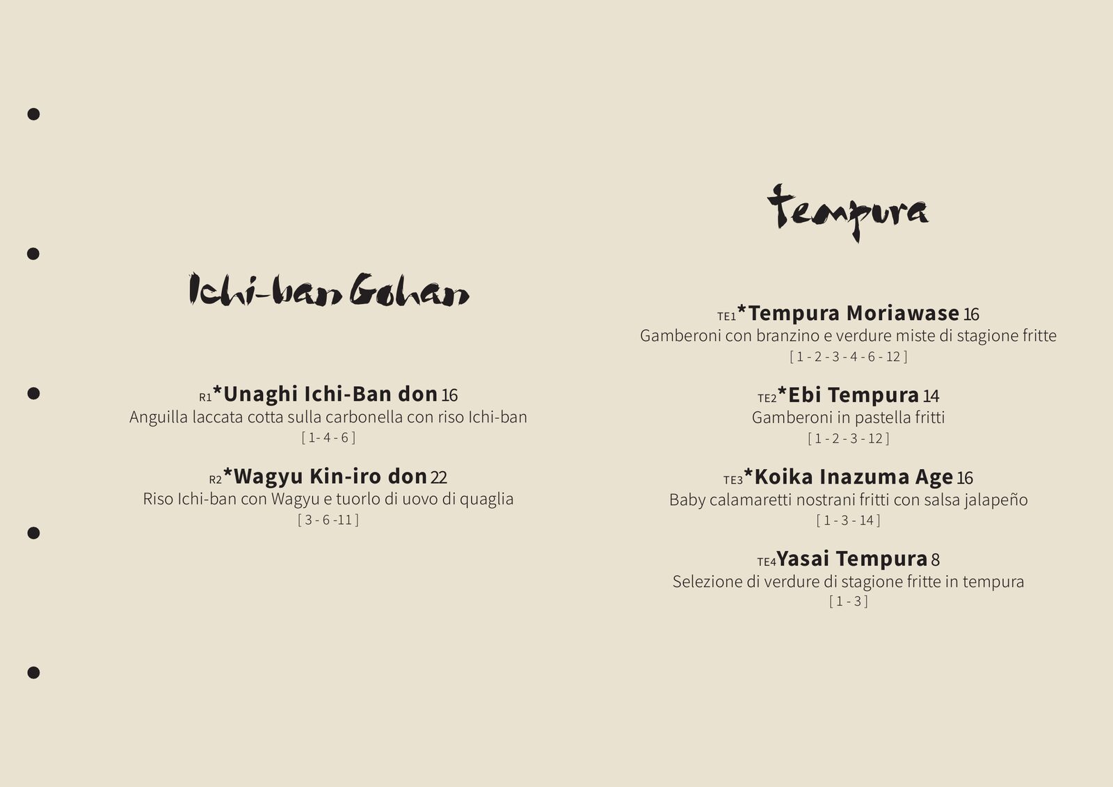 Nami — pagina menu: Ichi-ban Gohan e Tempura